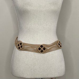 Vintage Macrame Wood Beaded Twine Rope Ladies Fashion Boho Belt 2” Wide One Size